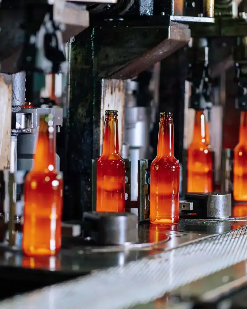 Botellas de vidrio avanzando por una línea de producción